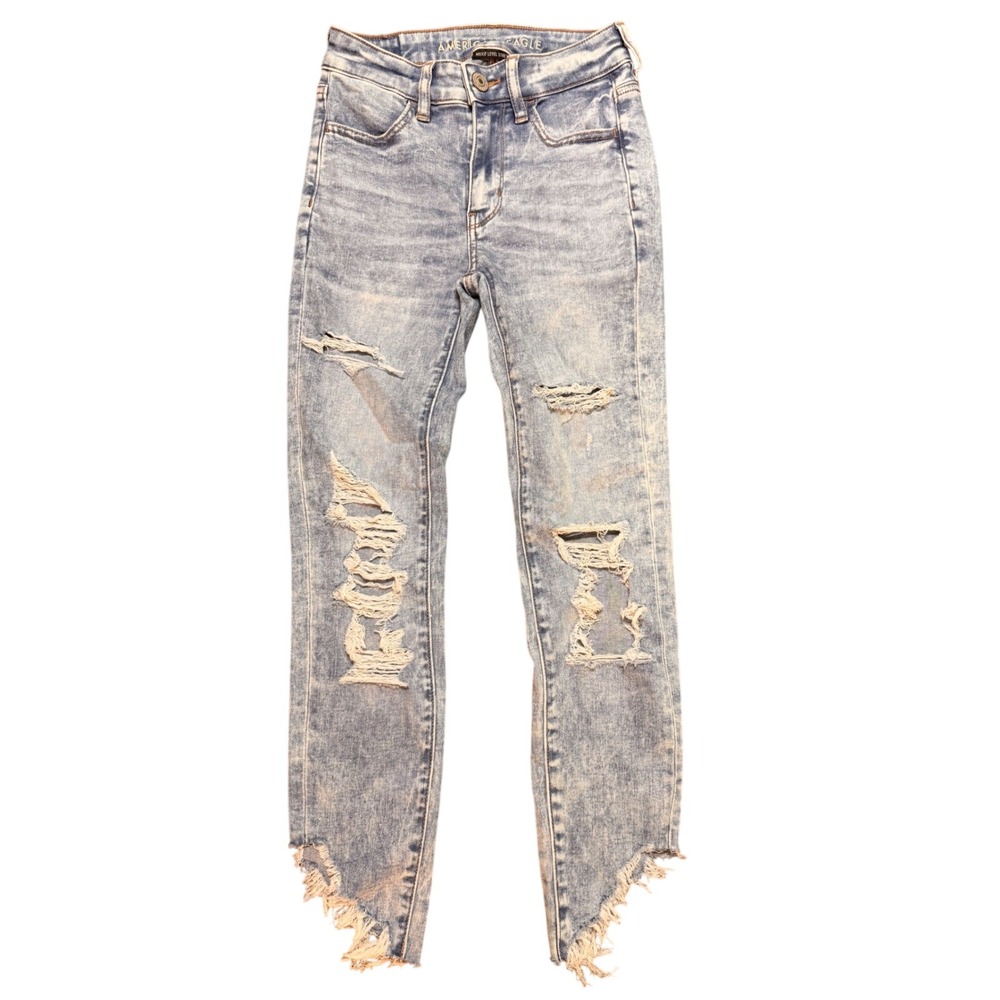 American Eagle Hi-Rise Jegging Crop Distressed Acid Wash Step Hem Jeans 00 Short